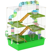 PawHut 5-tier hamster cage with green base, ramps and exercise wheel