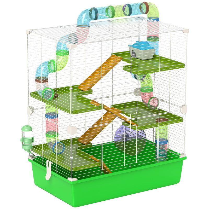 PawHut 5-tier hamster cage with green base, ramps and exercise wheel