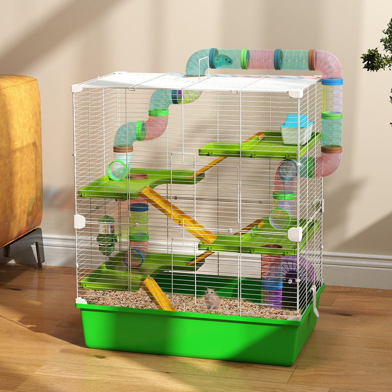 PawHut 5-tier hamster cage styled on a wooden floor at home