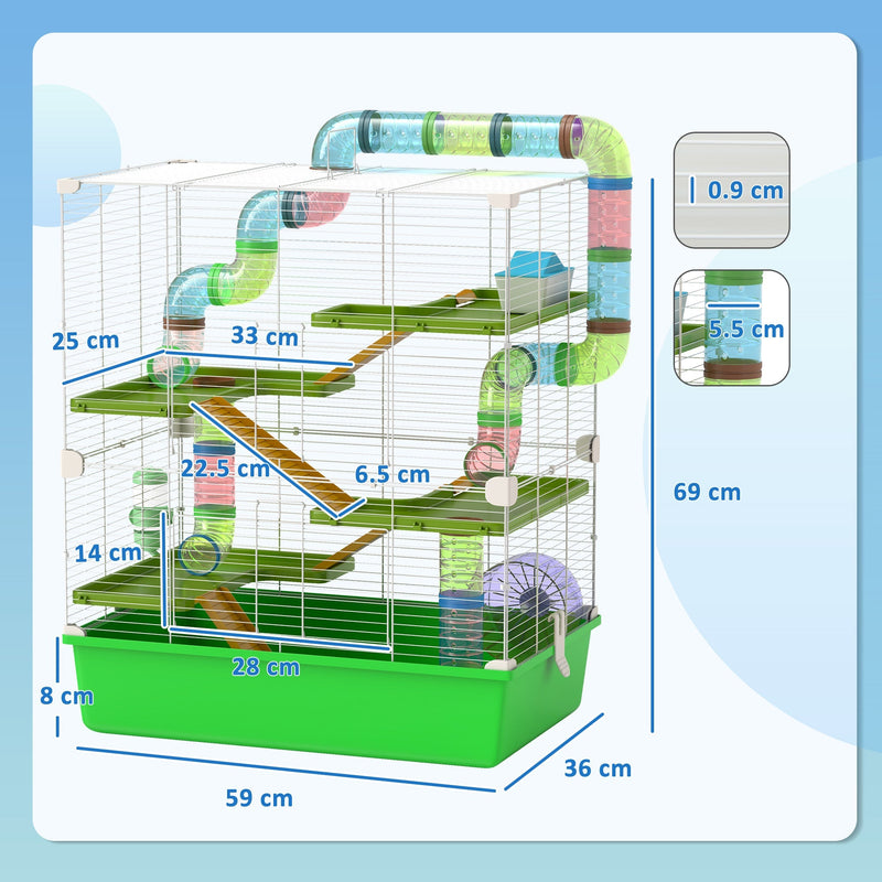 Dimension diagram of the PawHut 5-tier hamster cage, 59 x 36 x 69cm