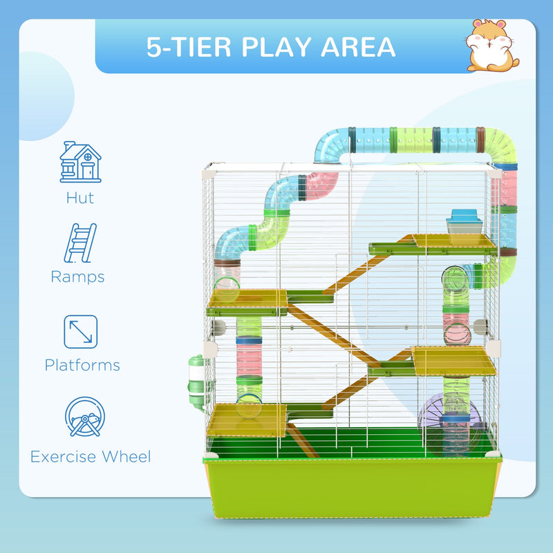 Icons showing the 5-tier layout with hut, ramps, platforms and exercise wheel