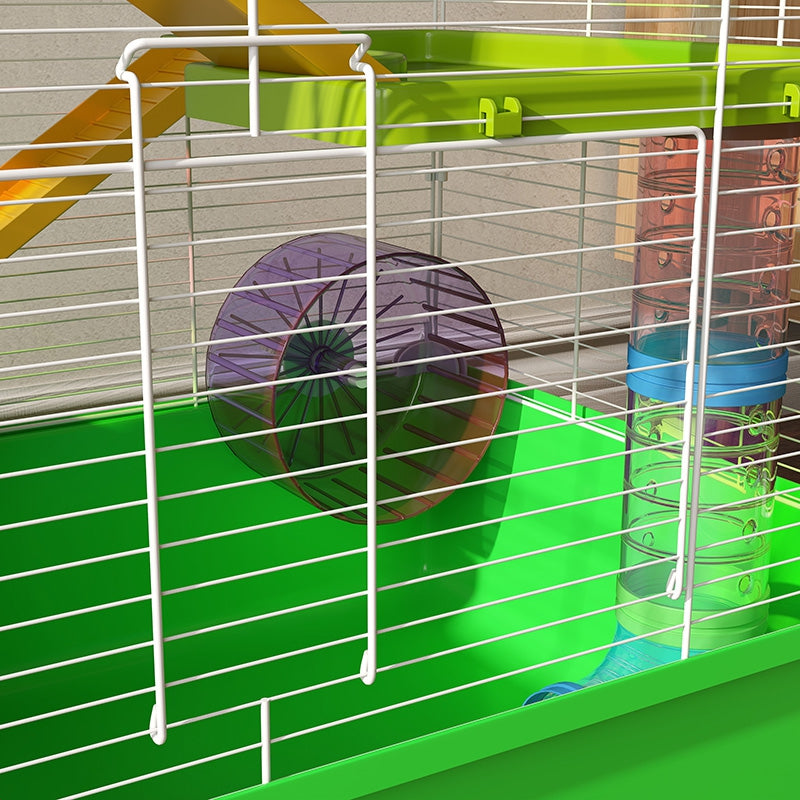 Close-up of the exercise wheel and water bottle inside the cage