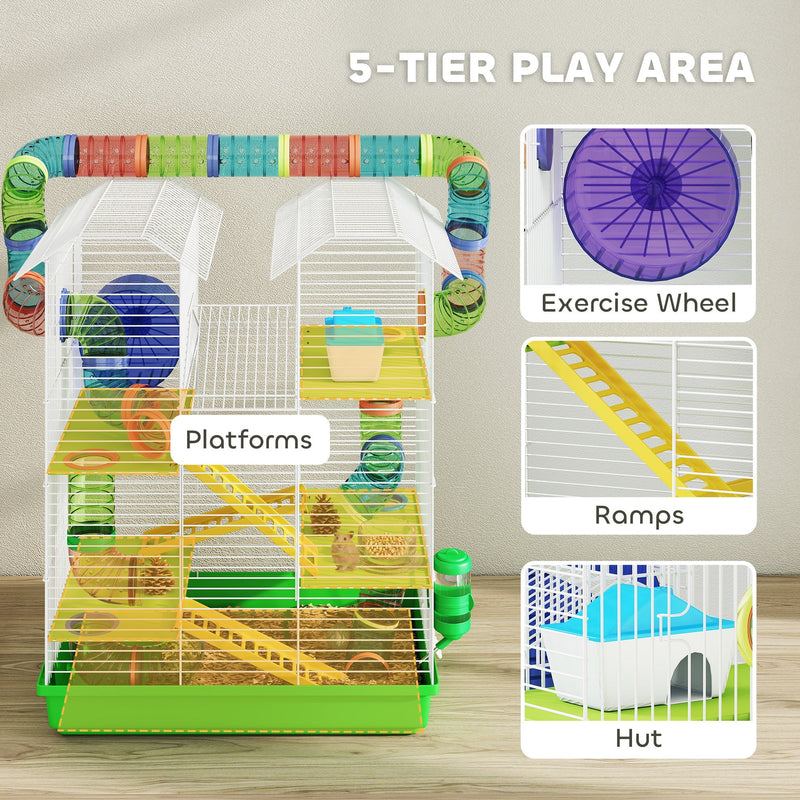 Close-up of the exercise wheel, ramps and hut inside the green hamster cage