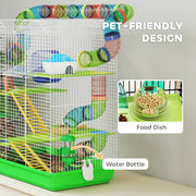 Close-up of the food dish and water bottle fitted in the green hamster cage