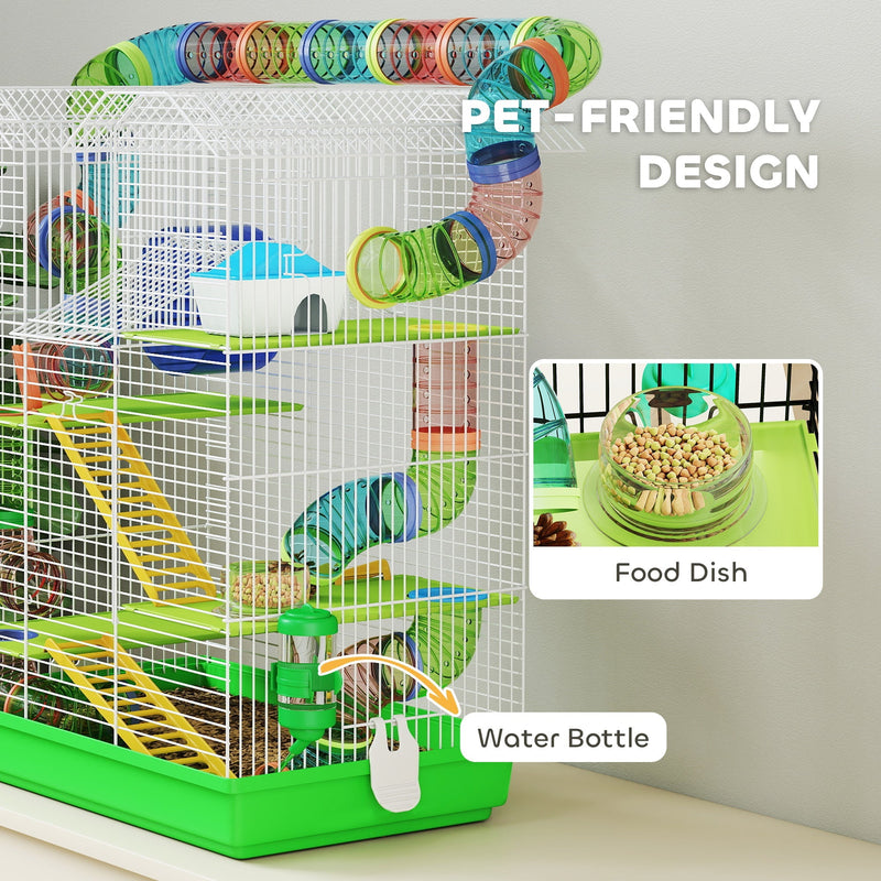 Close-up of the food dish and water bottle fitted in the green hamster cage