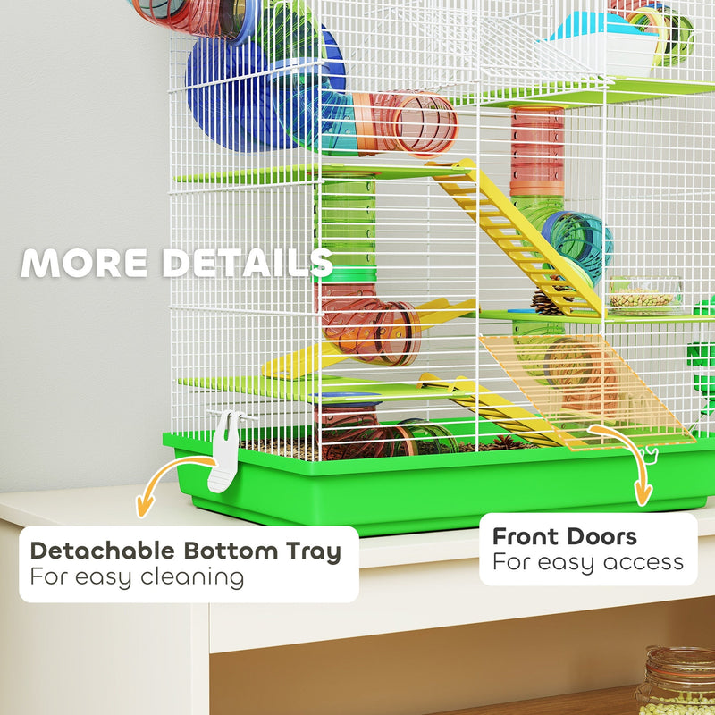 Detail of the detachable bottom tray and front access doors on the green hamster cage