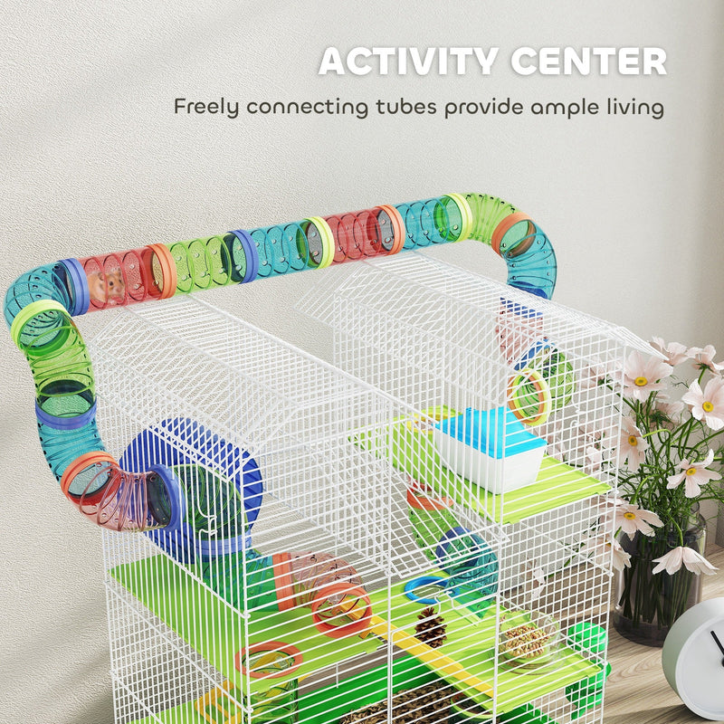 Close-up of the connecting play tunnel on the green hamster cage with a hamster inside