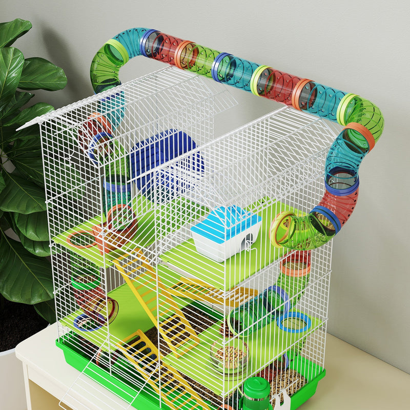 Angled three-quarter view of the green twin-roof hamster cage