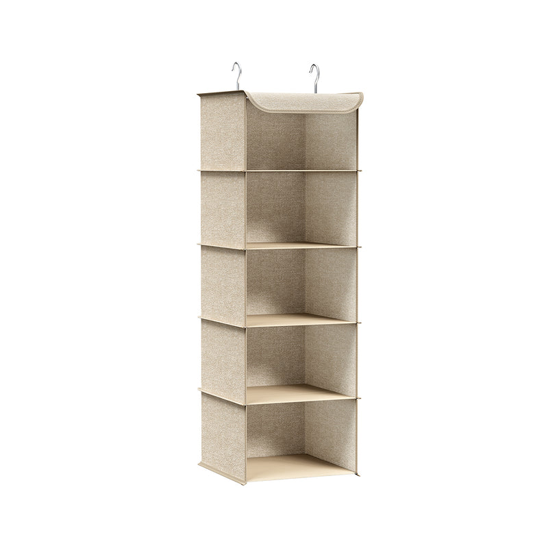 5-tier hanging wardrobe storage organiser in sand beige, studio product shot
