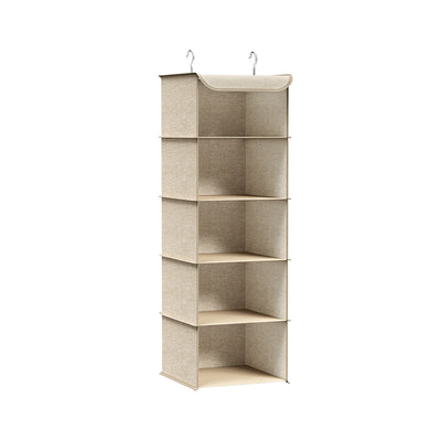 5-tier hanging wardrobe storage organiser in sand beige, studio product shot