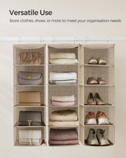 Three hanging organisers side by side storing bags, folded clothes and shoes