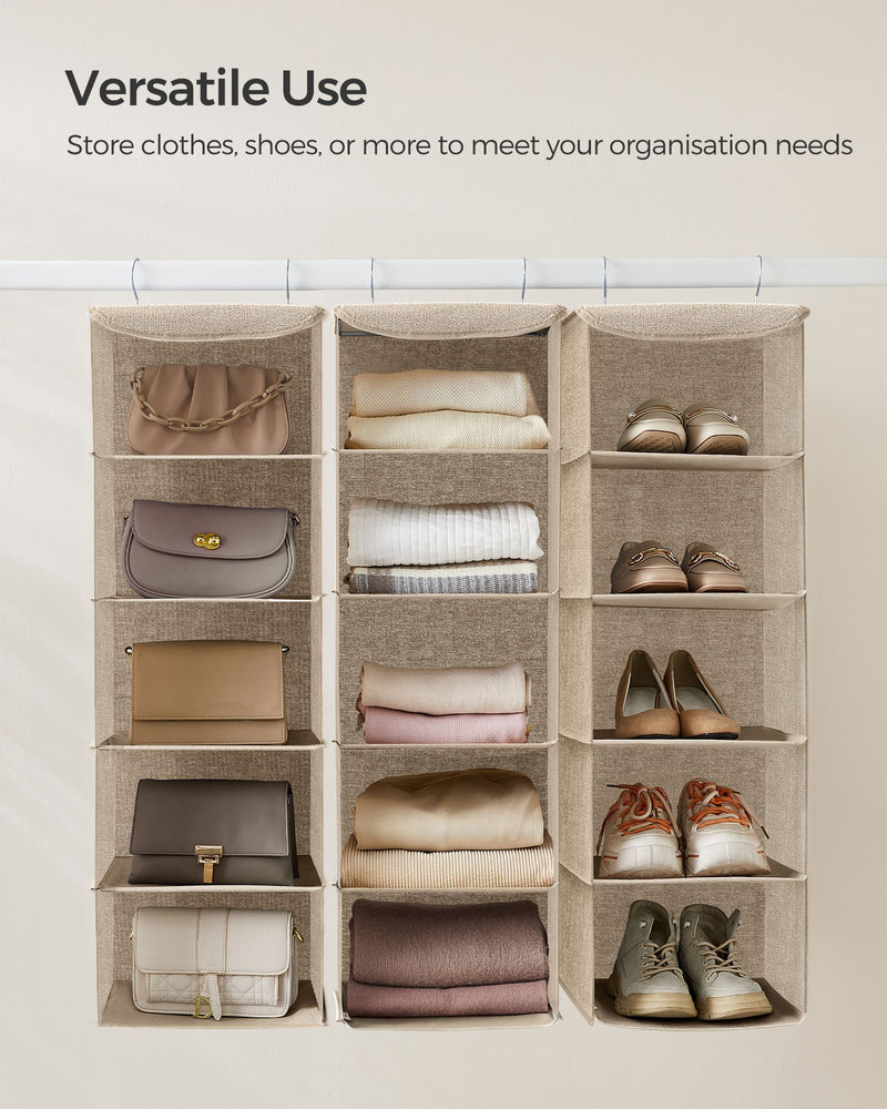 Three hanging organisers side by side storing bags, folded clothes and shoes