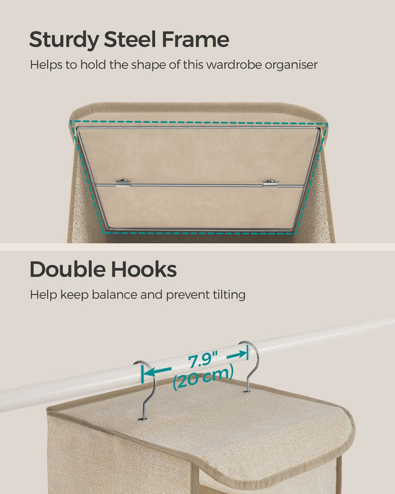Close-up of the steel top frame and double hooks spaced 20cm apart