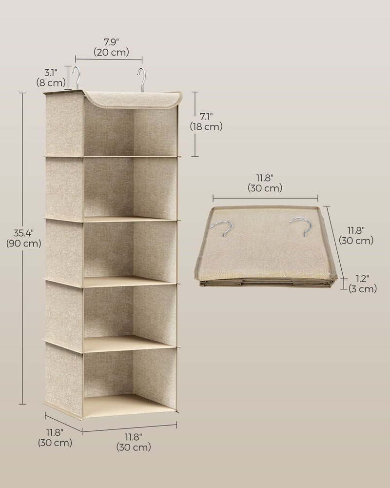 Dimensions diagram showing the organiser height, width, depth and hook spacing