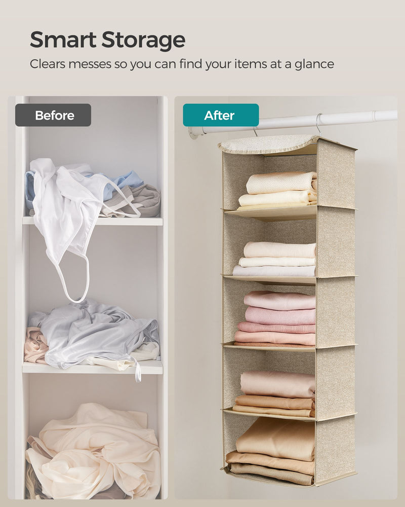 Before and after comparison showing a messy wardrobe shelf versus the organised hanging unit