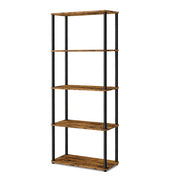 Rustic brown and black 5-tier open shelf unit standing empty, studio three-quarter view