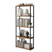 The 5-tier shelf styled on a white background with books, a plant, ornaments and fabric storage boxes