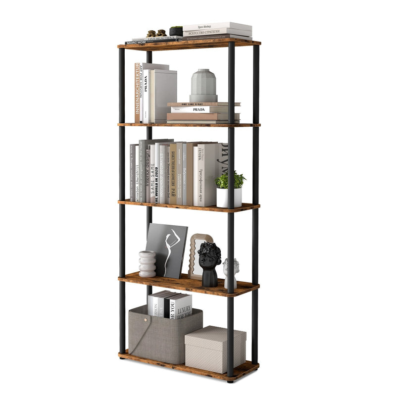 The 5-tier shelf styled on a white background with books, a plant, ornaments and fabric storage boxes