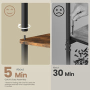 Comparison panel showing about 5 minutes for tool-free hand assembly versus about 30 minutes using screws