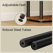Two close-up panels showing the adjustable feet at floor level and the black steel tubes