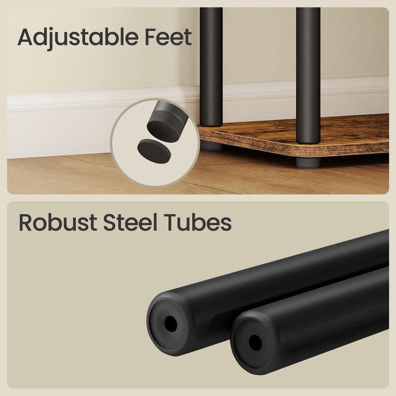 Two close-up panels showing the adjustable feet at floor level and the black steel tubes