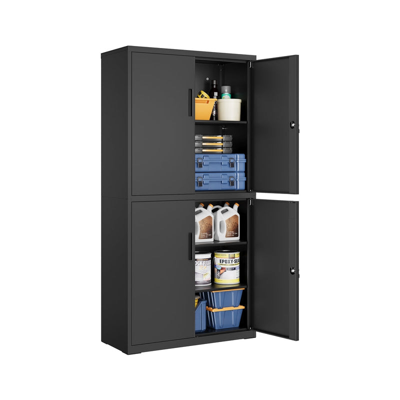 5-tier black steel garage storage cabinet with 2 lockable doors, front view