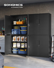 Garage storage cabinet with doors open showing adjustable shelves