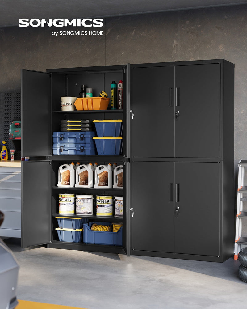 Garage storage cabinet with doors open showing adjustable shelves