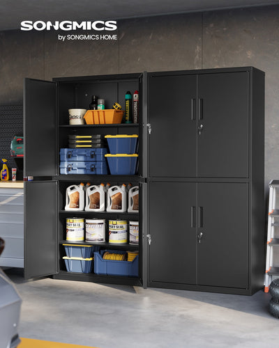 Garage storage cabinet with doors open showing adjustable shelves