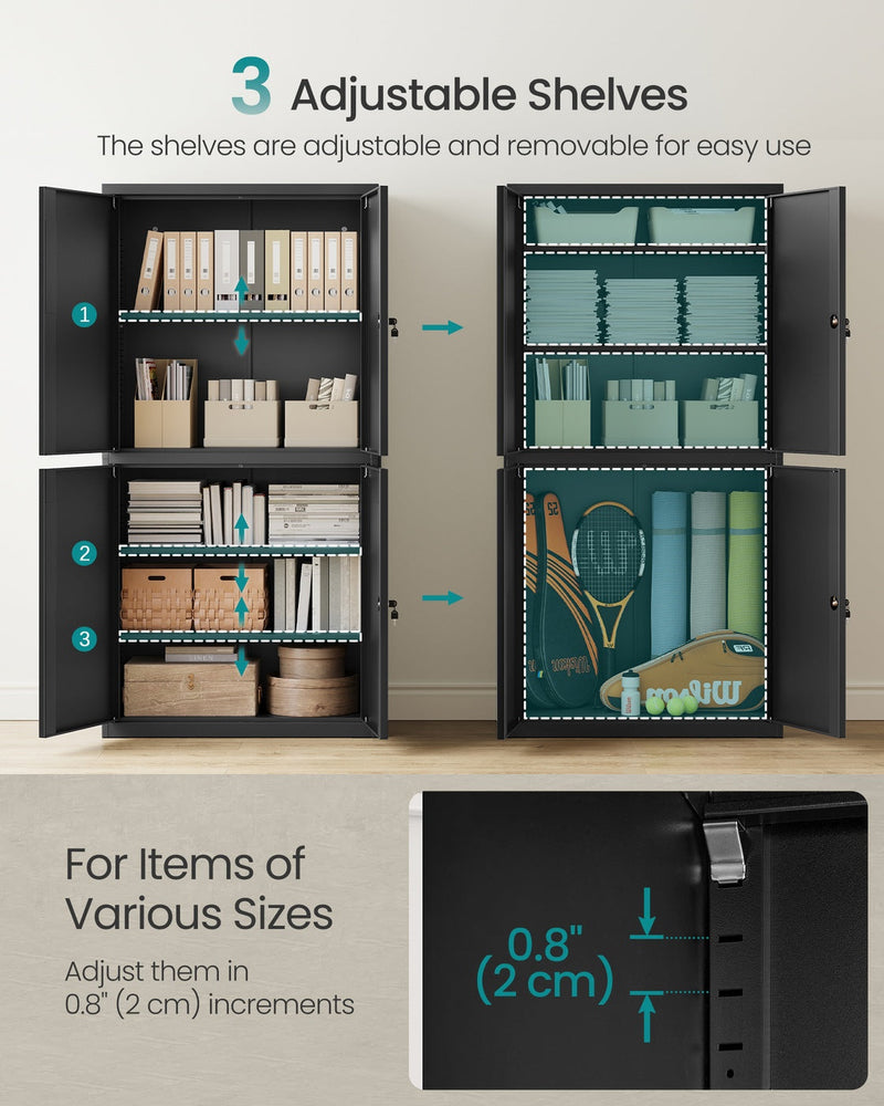 Black steel garage cabinet shown in a garage storage setting