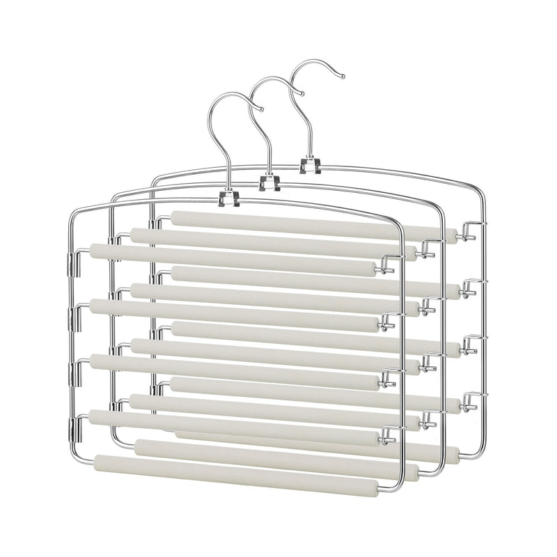 Three Songmics 5-tier swivel pants organisers with non-slip foam bars, stacked view on white background