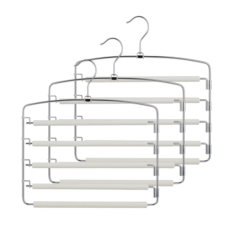 Three Songmics pants organisers fanned out showing chrome hooks and foam bars