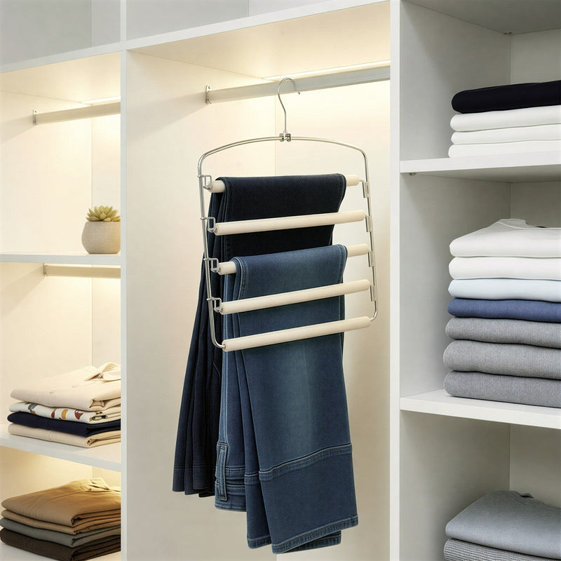 Songmics pants organiser hanging in a wardrobe with folded trousers on the bars