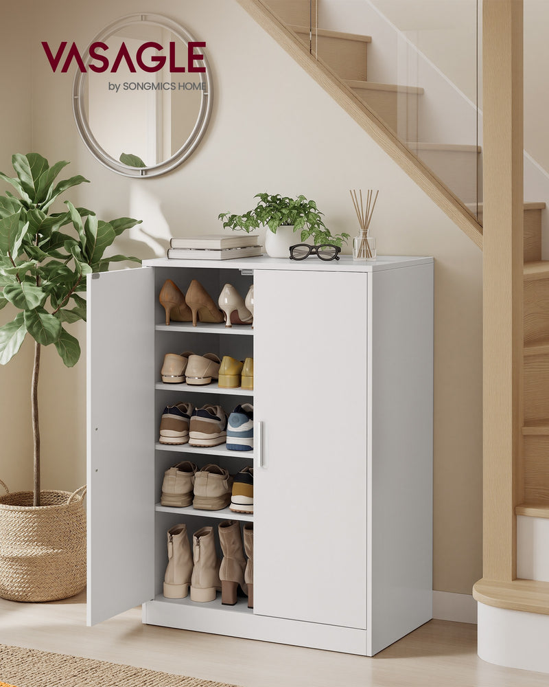 Lifestyle entryway scene showing the cabinet with one door open revealing shoes stored on 5 shelves