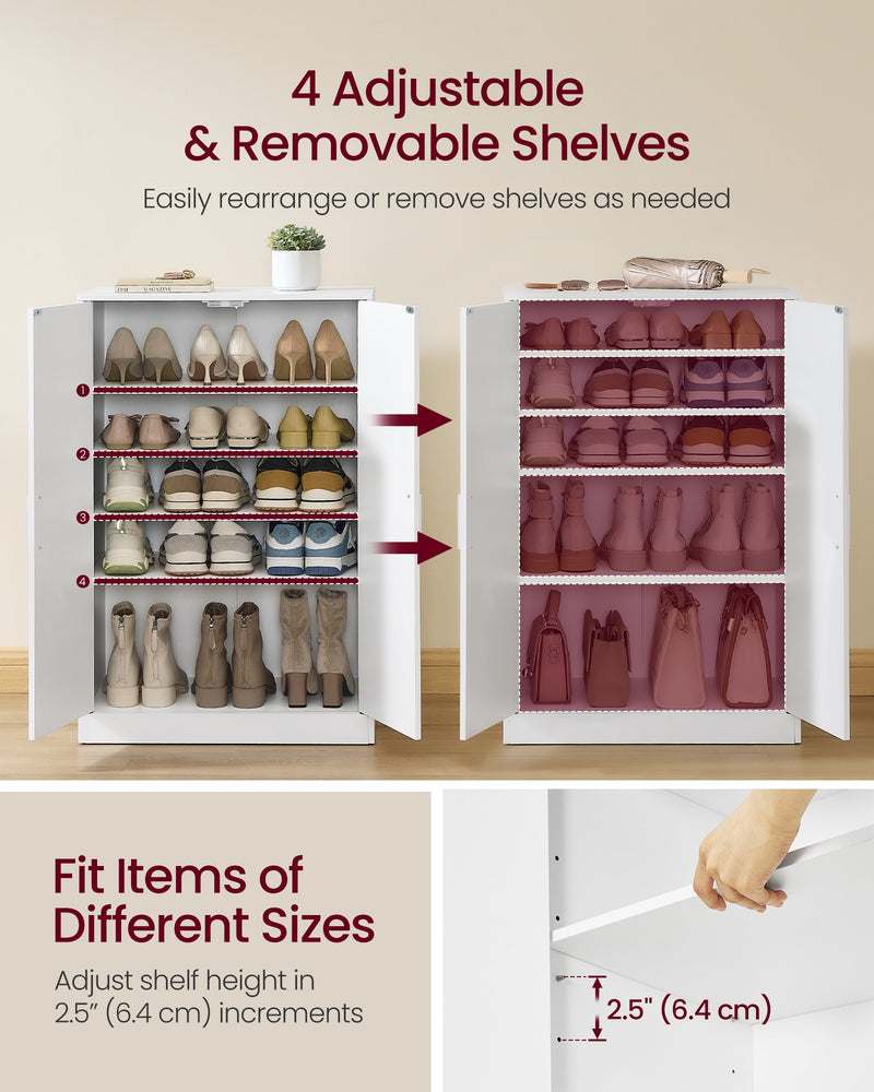 Diagram showing the 4 adjustable and removable shelves that reposition in 6.4cm increments