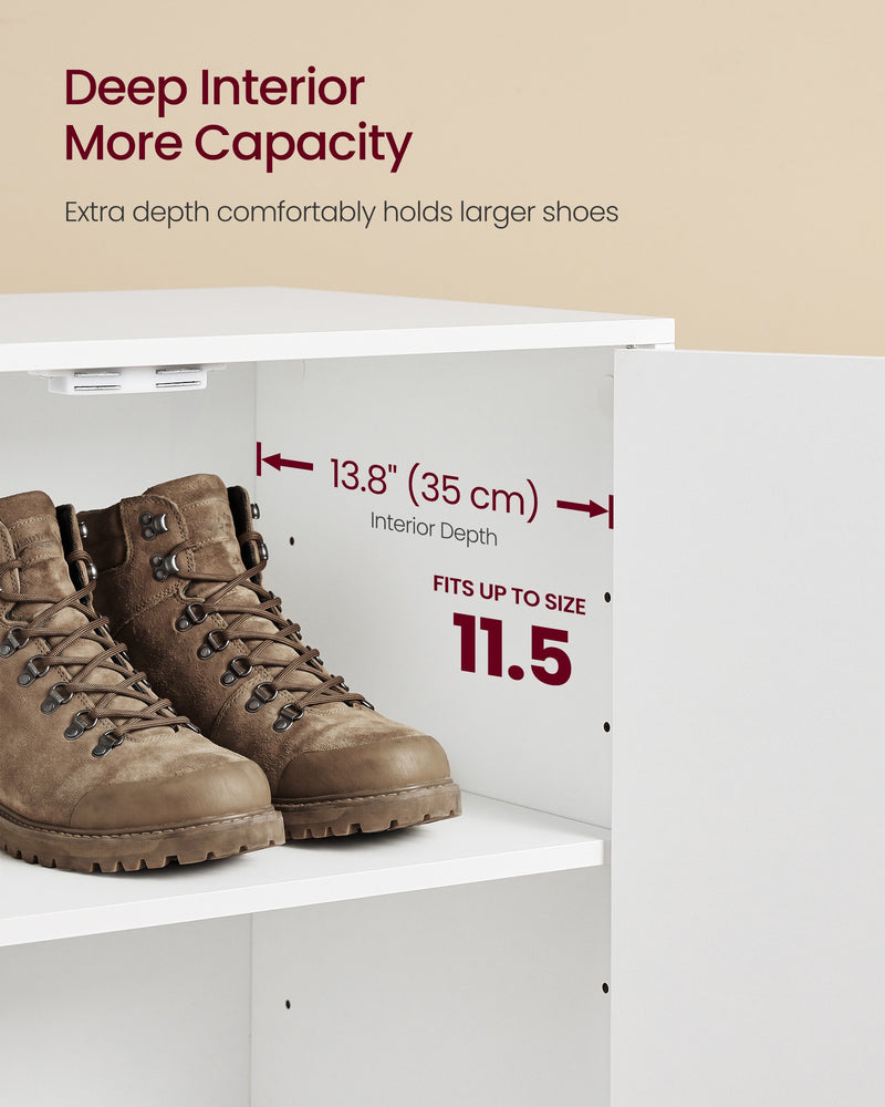 Close-up of the 35cm-deep interior shelf holding a pair of boots, showing it fits up to UK size 11.5