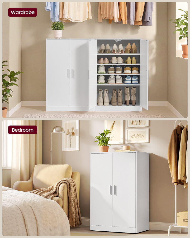 Lifestyle images of the cabinet styled as a wardrobe shoe store and in a bedroom setting