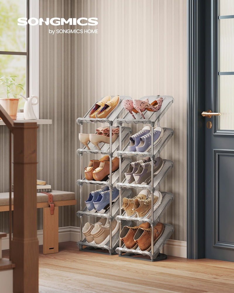 Close-up of the sloped shelves on the Songmics grey shoe rack twin pack