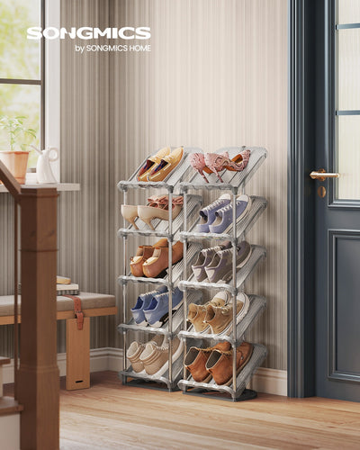 Close-up of the sloped shelves on the Songmics grey shoe rack twin pack
