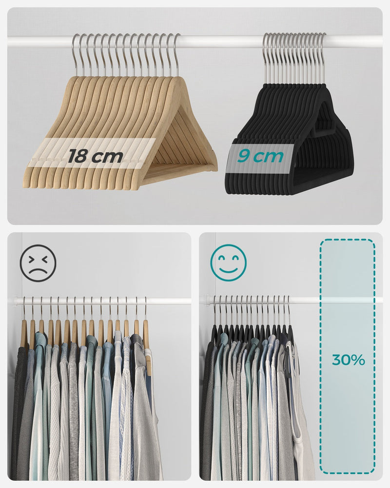 Comparison of an 18 cm stack of wooden hangers next to the same count of 9 cm thin velvet hangers