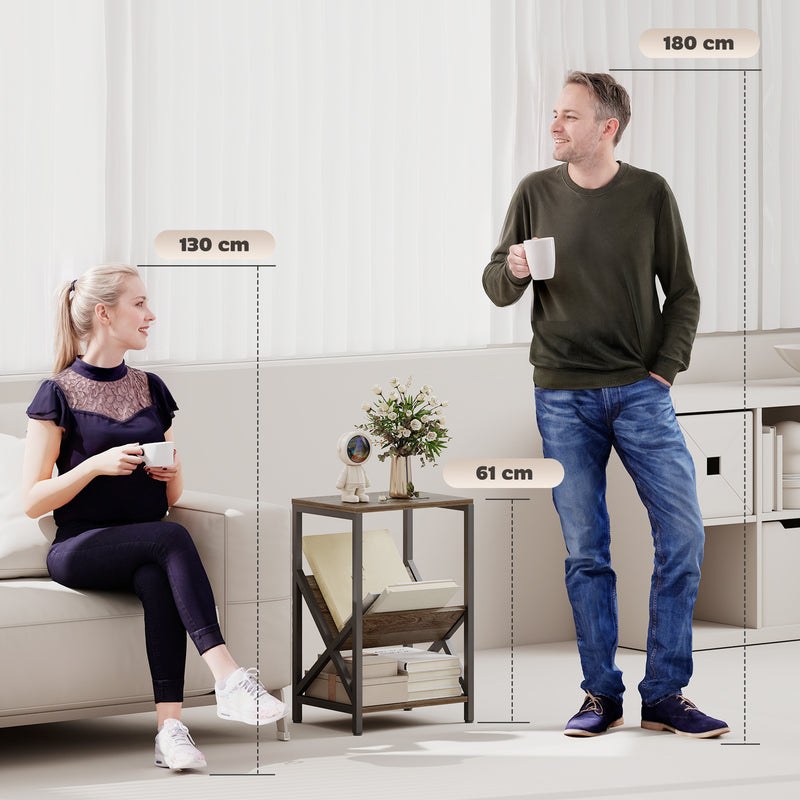 Narrow Side Table with 3 Tier Storage and Magazine Rack for Living Room or Bedroom Oak