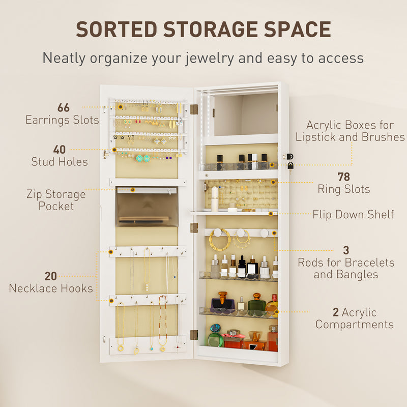 Jewellery Storage Cabinet with Full Length Mirror and LED Lights Wall or Door Mounted White