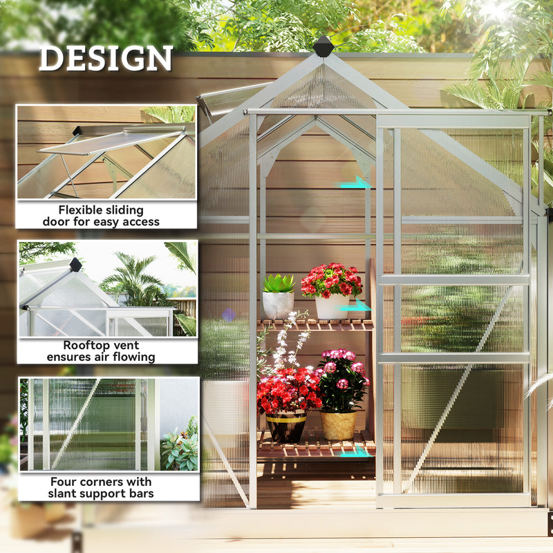 6x6ft Polycarbonate Greenhouse with Sliding Door for Garden Growers Clear AOSOM