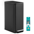 Black fluted 50 L pedal bin next to a pack of 15 Songmics drawstring bin bags