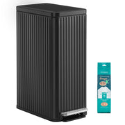 Black fluted 50 L pedal bin next to a pack of 15 Songmics drawstring bin bags