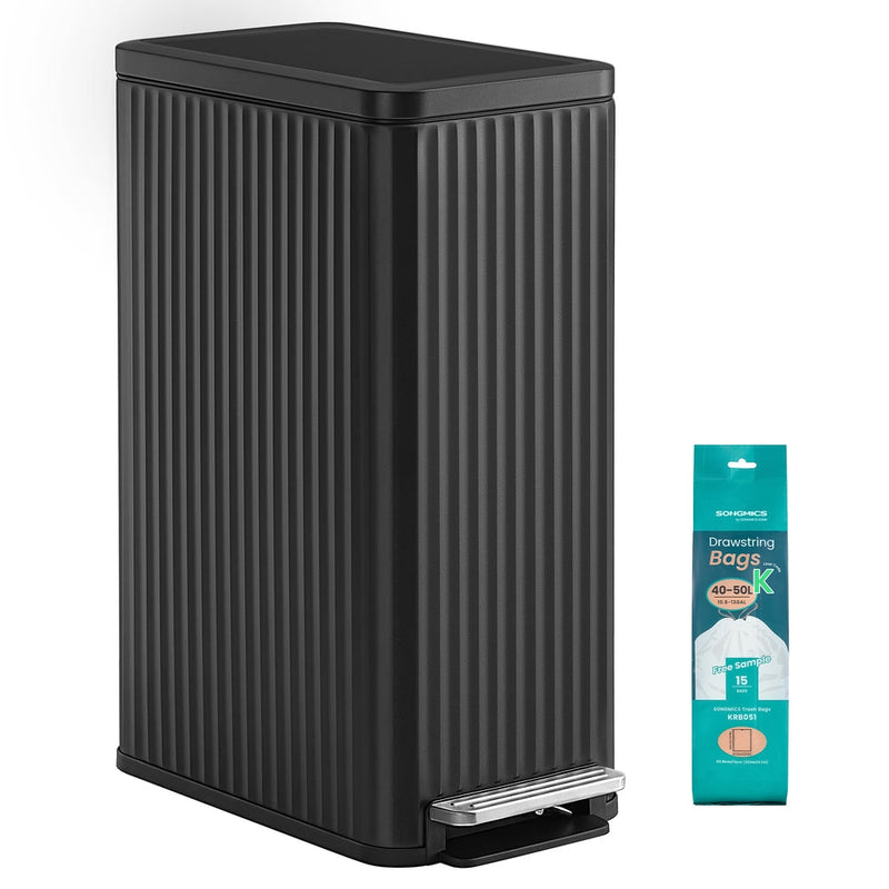 Black fluted 50 L pedal bin next to a pack of 15 Songmics drawstring bin bags