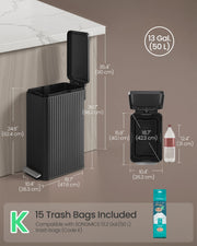 Dimensions diagram showing the bin at 26.3 x 47.6 x 62.4 cm and 98.2 cm with the lid open