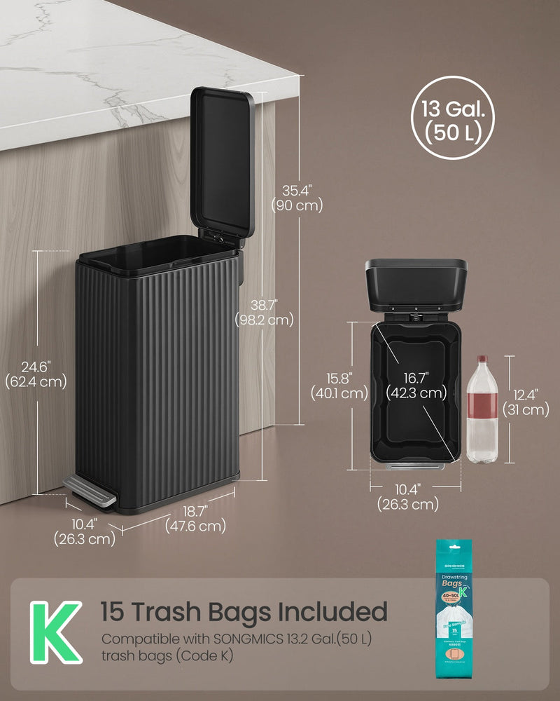 Dimensions diagram showing the bin at 26.3 x 47.6 x 62.4 cm and 98.2 cm with the lid open
