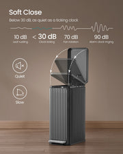 Soft-close diagram comparing the bin's under 30 decibel lid with everyday sounds
