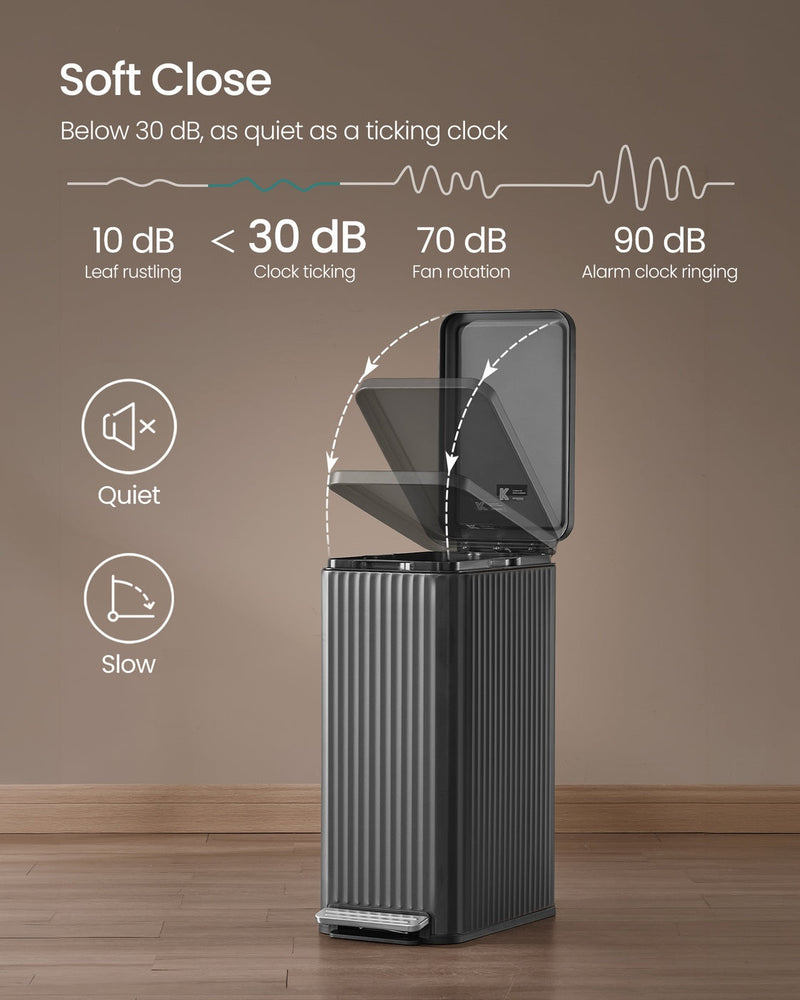 Soft-close diagram comparing the bin's under 30 decibel lid with everyday sounds